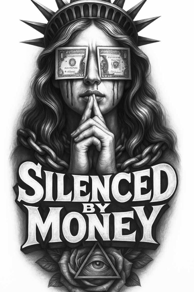 Black and grey tattoo illustration: money over eyes, praying hands, chain, statue of liberty headdress, rose, and an eye-pyramid symbol; AI-generated tattoo project; cover-up-ready.