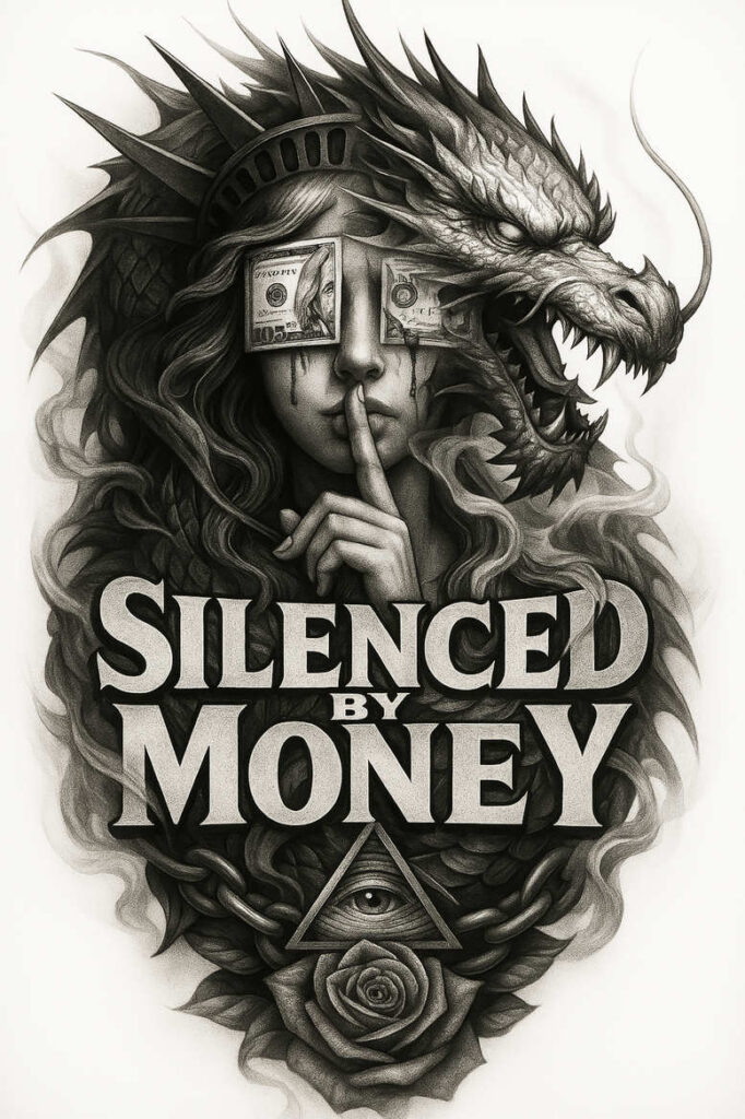 Black and grey tattoo design: dragon wrapping a woman's face, money bills over the eyes, rose at the base, and an eye-in-triangle symbol; cover-up-ready project.