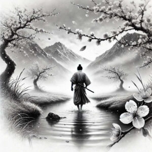 Samurai in black and grey stands in a reflective stream, with mountains, tree, and blossoms; AI-generated tattoo project; not a cover-up.