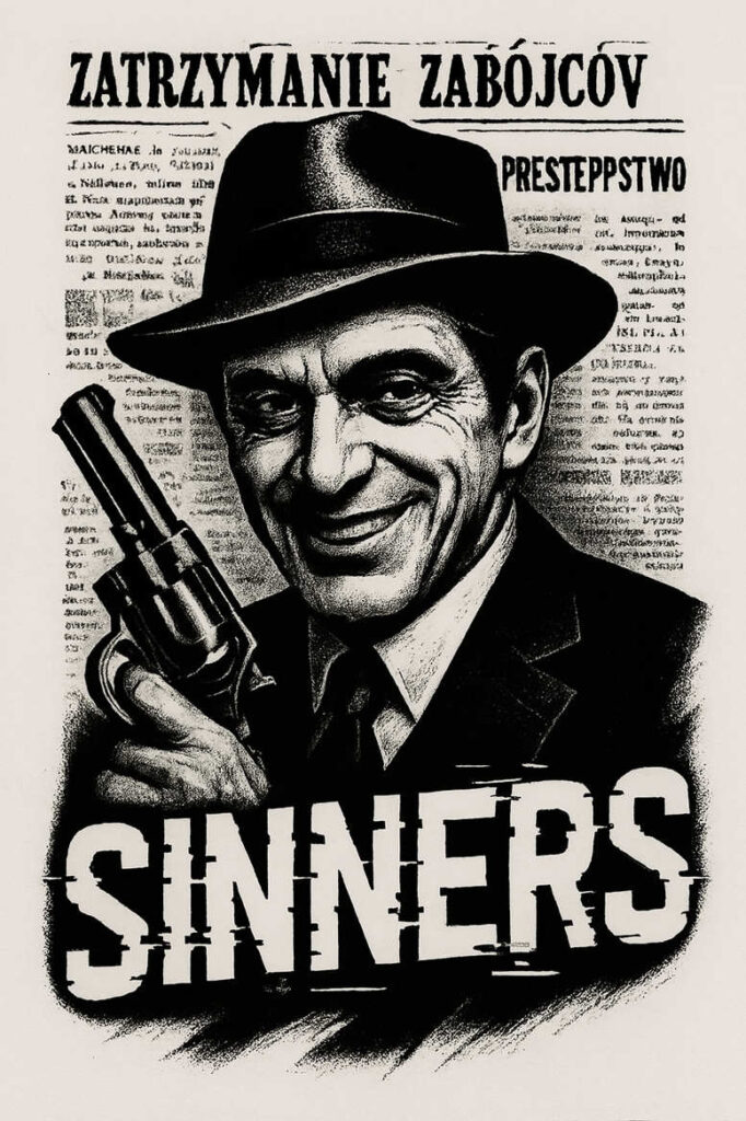 Black and grey gunman portrait with fedora hat, revolver in hand, newspaper background, and SINNERS text; AI-generated tattoo project; cover-up.