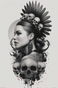 Profile portrait of a woman in black and grey tones with a skull crown, braided hair, a large earring, circular backdrop, and surrounding skulls; tattoo project for cover-up.