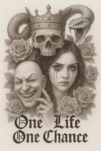 Skull, crown, snake, rose, woman, man, and text in black and grey; tattoo project; cover-up suitable.