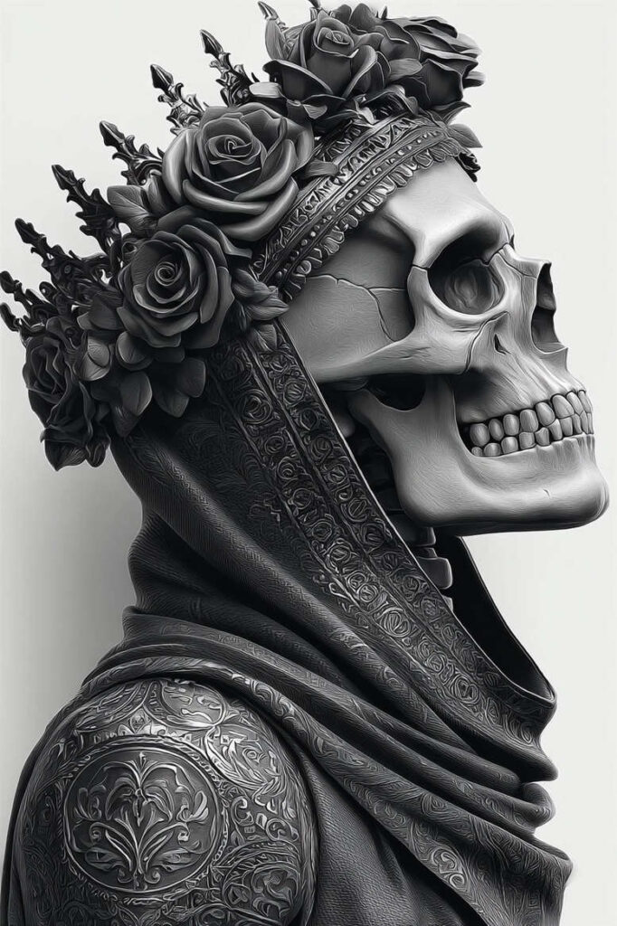Skull in grayscale with a crown of roses and patterned hood; black and grey; tattoo project; cover-up suitable.