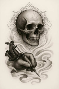 moving-skull-tattoo – tattoo design ideas free ai generated – nightmarish – for-chest – Gallery: skulls-inkby-ai