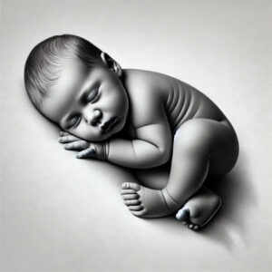 Baby sleeping on its side in black-and-grey tones; grayscale tattoo project idea; cover-up: suitable.