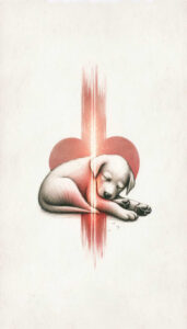 Dog and heart; black and grey linework with pink accents; tattoo project idea; not intended for cover-up.