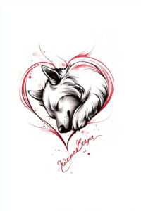 Sleeping fox curled into a heart, black linework with red watercolor accents; tattoo project, not ideal for cover-up.