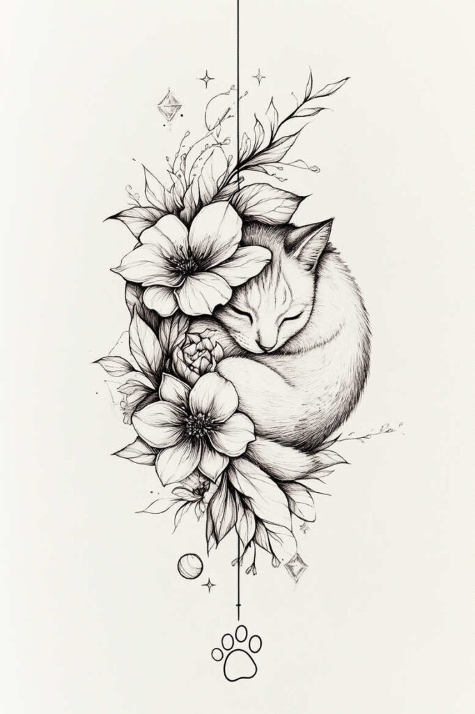 Black and grey tattoo design: sleeping cat with flowers along a hanging line and a paw print; suitable as a tattoo project; cover-up possible.