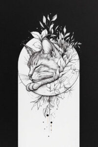 Black and grey, line drawing of a sleeping cat curled inside an arch, with leaves; tattoo design idea, suitable for a cover-up.