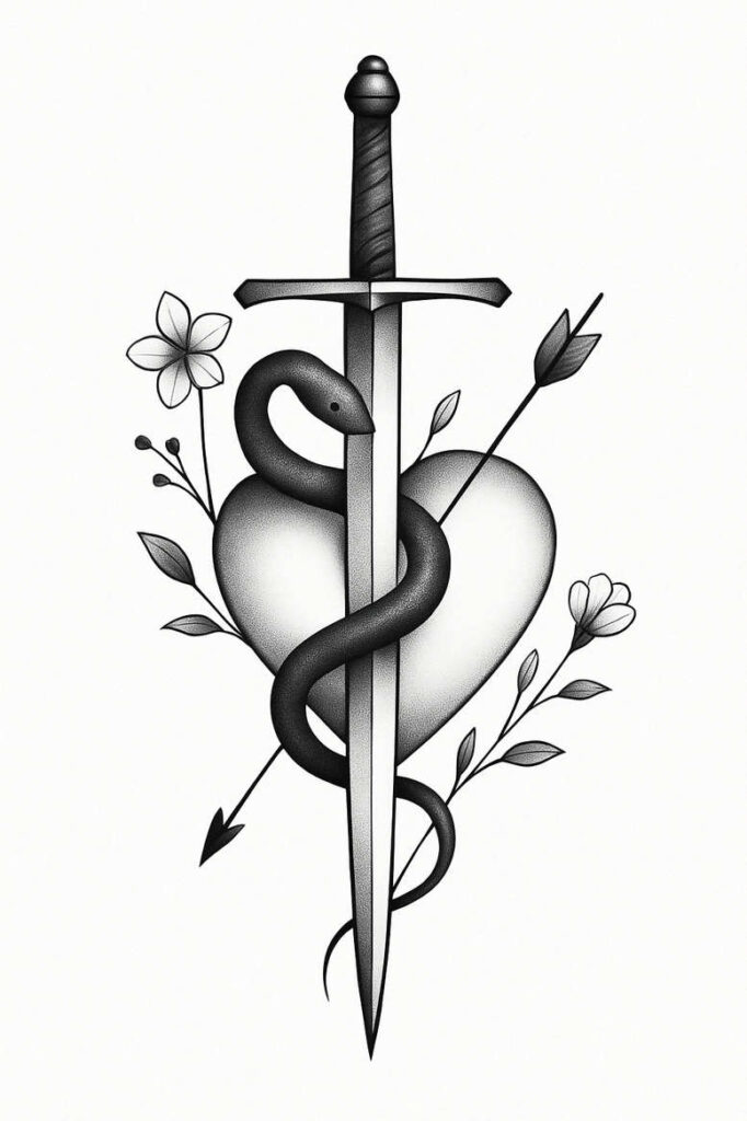 Black and grey tattoo design: sword through a heart, snake coiled around it, with flowers and leaves; project: tattoo design; cover-up: not ideal.