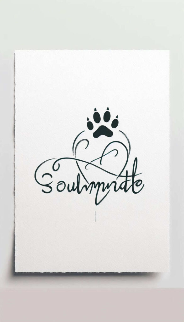 Black paw print above a stylized heart and flowing Soulmate script on white textured card; black ink; AI-generated tattoo project idea.