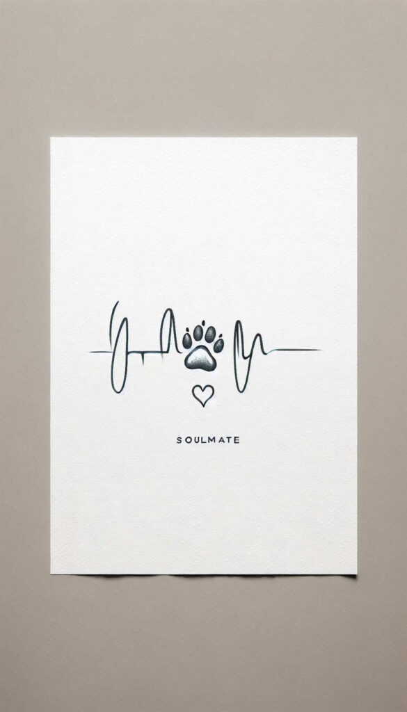Black and grey paw print, heart icon, and heartbeat line on white card; tattoo design concept (AI-generated); not specifically for cover-up.