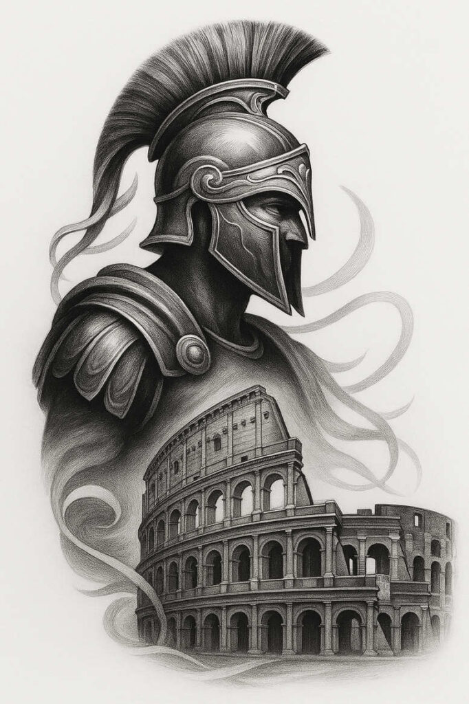 Helmet, Colosseum, and ribbon in black and grey; AI-generated tattoo project idea; suitable for a cover-up.