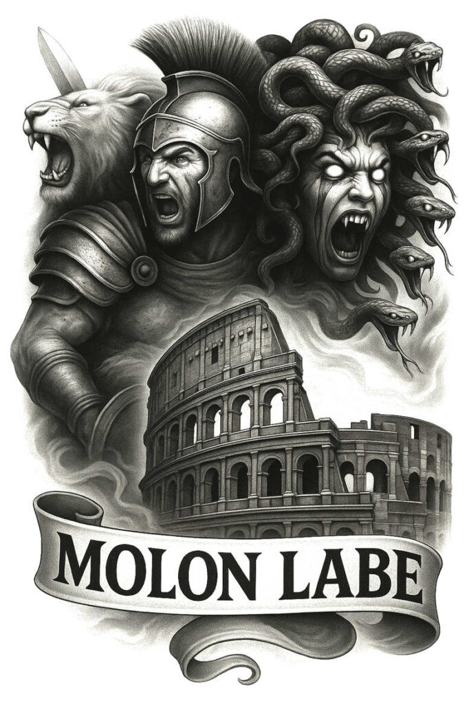 Black and grey tattoo design of a Spartan warrior with helmet, roaring lion, Medusa head with snakes, and the Colosseum banner Molon Labe; ideal project for cover-up.