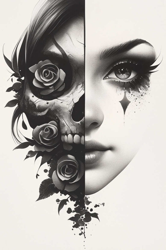Split-face composition with skull, rose, eye, lip, and leaves in black and grey; pattern elements; AI-generated tattoo project; cover-up ready.