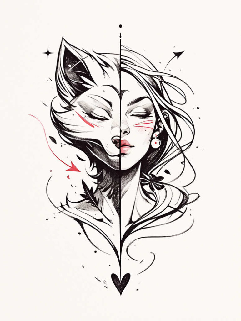 Wolf, woman, arrow, heart, leaf; black and grey; AI-generated tattoo project; cover-up option.