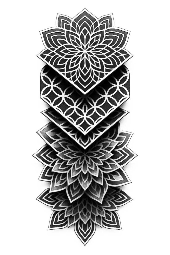 Black and grey stacked mandala tattoo design with three layered petals; cover-up project idea for a bold pattern.