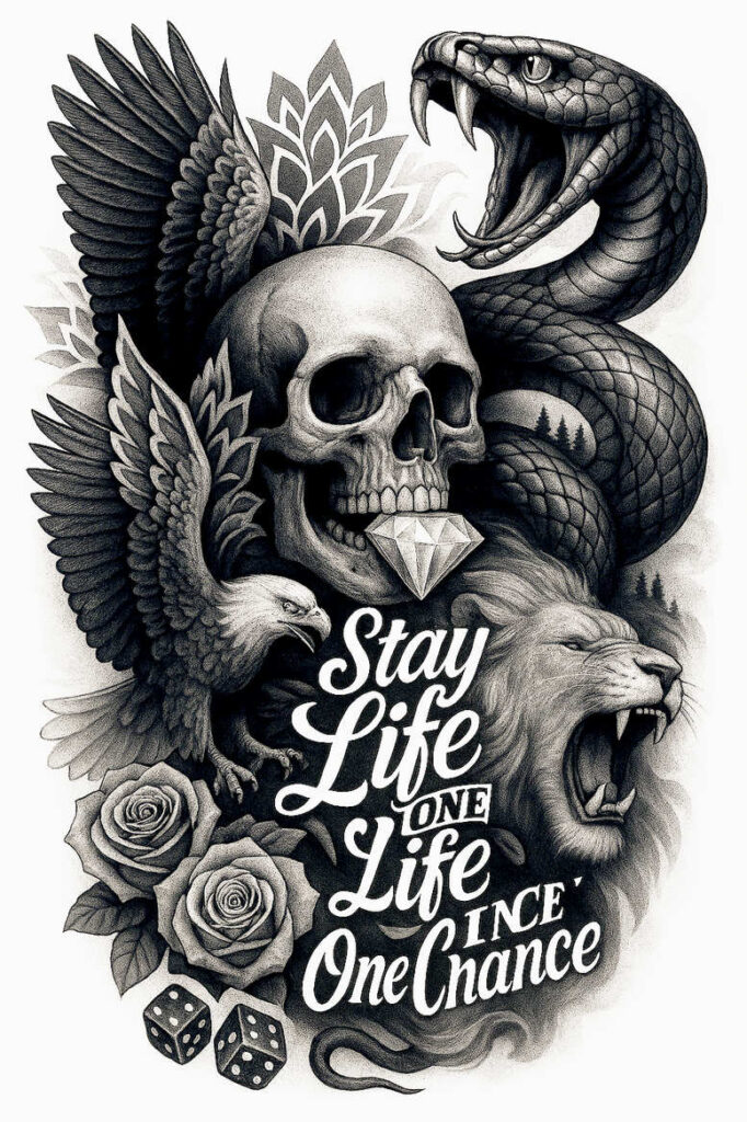 Skull, snake, lion head, bird with wings, roses, dice, and a diamond in black and grey; AI-generated tattoo project; suitable for a cover-up.