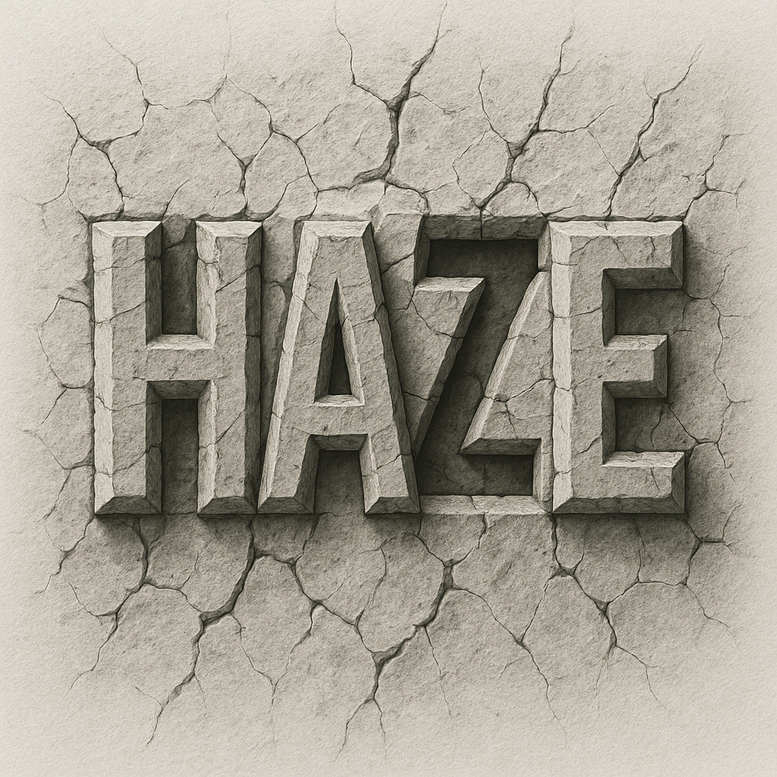 Stone letters spelling HAZE in black and grey on a cracked wall; tattoo design concept, project idea; suitable for cover-up.