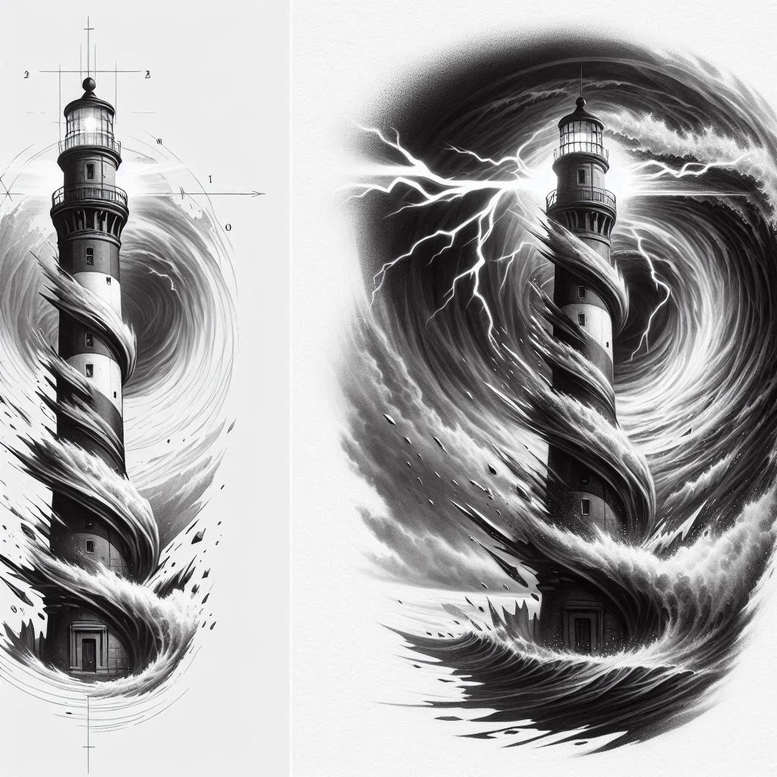 Lighthouse, waves, lightning, and clouds, in black and grey; cover-up ready tattoo project.