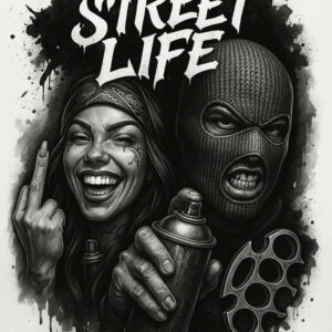 Black and grey: woman, mask, spray can, knuckle-duster, graffiti text; AI-generated tattoo project, cover-up suitable.