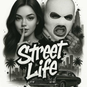 Woman, ski mask, car, city skyline, palm trees, and graffiti text in black and grey; AI-generated tattoo project idea, suitable for cover-up.