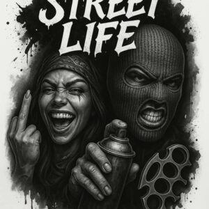 Two figures: a laughing woman and masked man in black and grey; spray can, balaclava mask, brass knuckles, Street Life text; AI-generated tattoo project; cover-up ready.