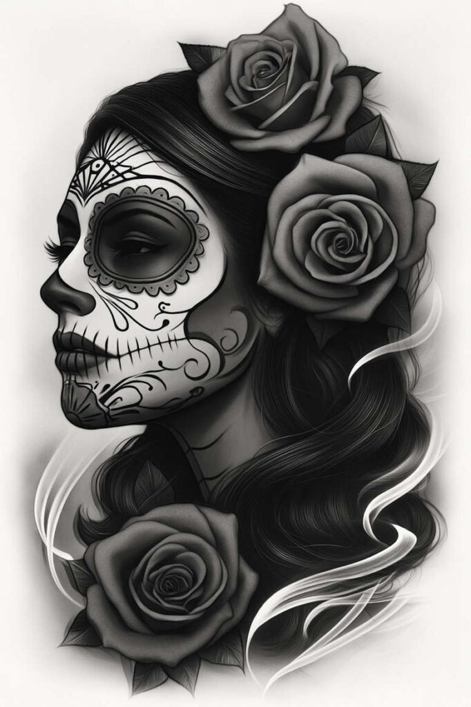Profile of a woman with sugar skull makeup in black and grey, roses in hair; cover-up ready tattoo project.
