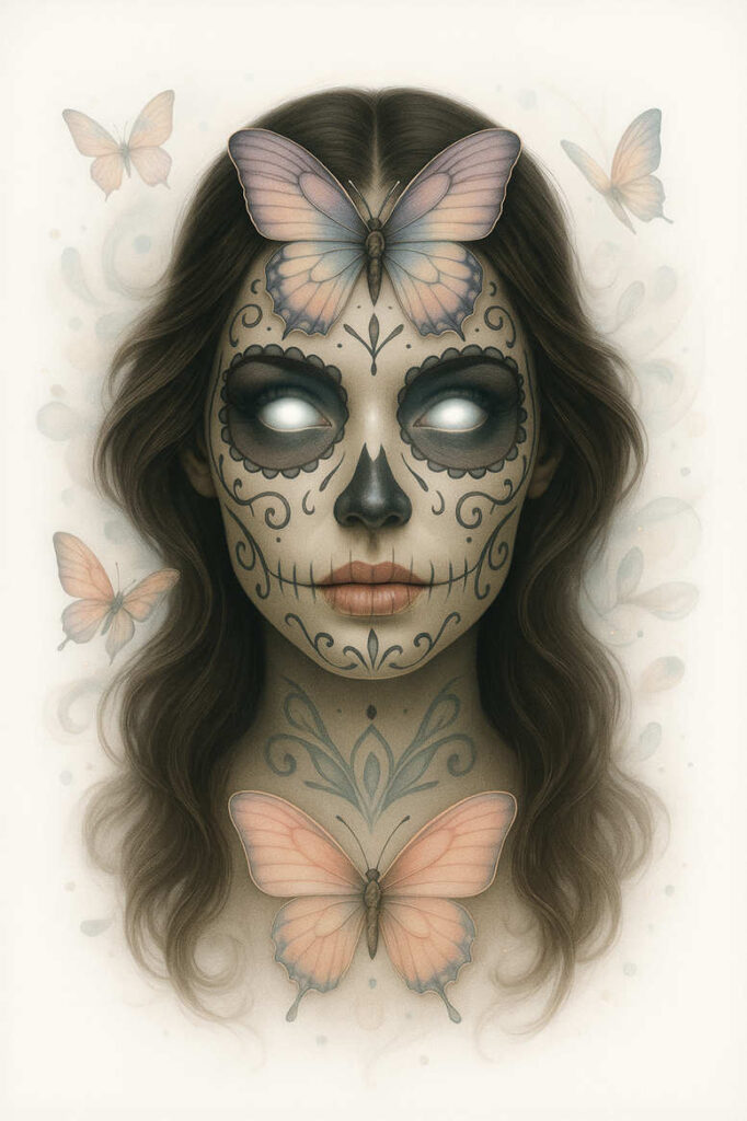 Color portrait of a woman with sugar skull makeup and pastel butterfly accents; visible elements include face, butterfly, butterflies, neck, hair; tattoo design concept; not for cover-up.