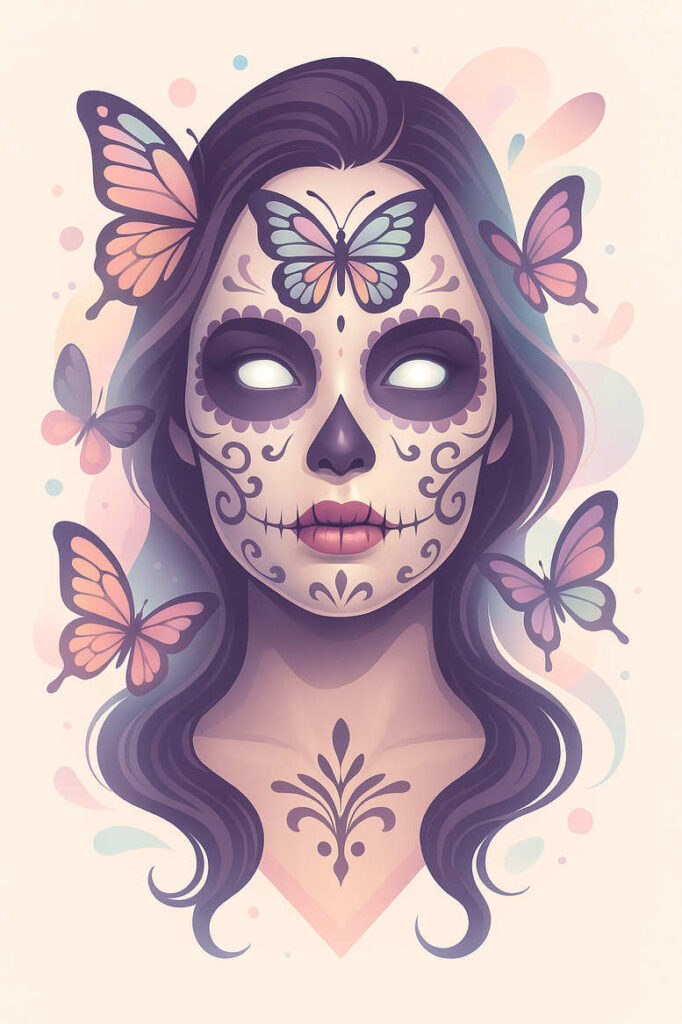 Face with sugar skull makeup in purple tones, surrounded by butterflies, with flowing hair against a pastel background; full color; tattoo project; not suitable for cover-up.
