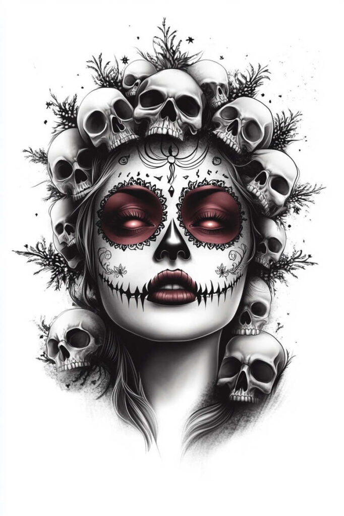 Face with sugar skull makeup in black and grey, crown of skulls around the head, red eyes, tattoo design idea; cover-up suitable.