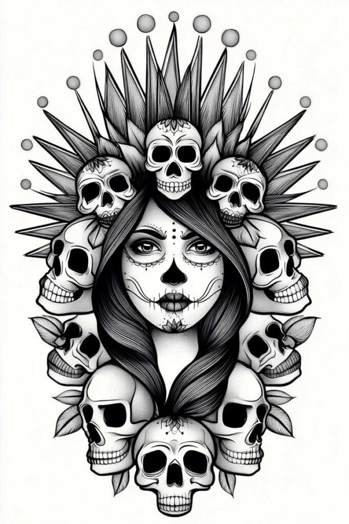 Black and grey sugar skull crown portrait on a woman's face, surrounded by skulls, spiky halo, leaves, and flowing hair; AI-generated tattoo project; perfect for cover-up; pattern.