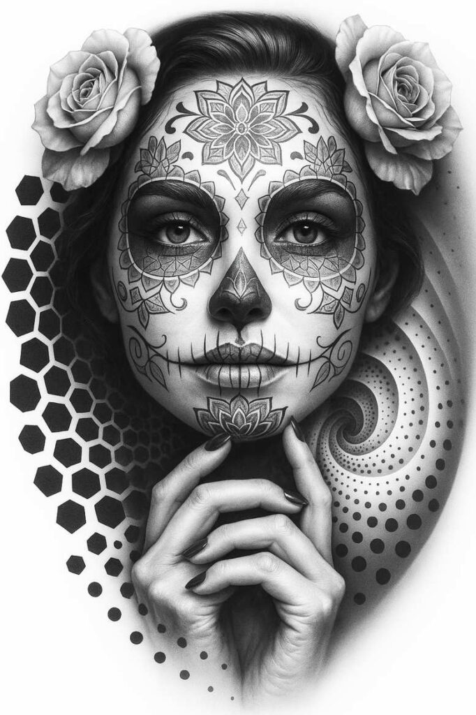 Black and grey sugar skull makeup on the face with two roses in hair and a hand near the chin; tattoo design concept.