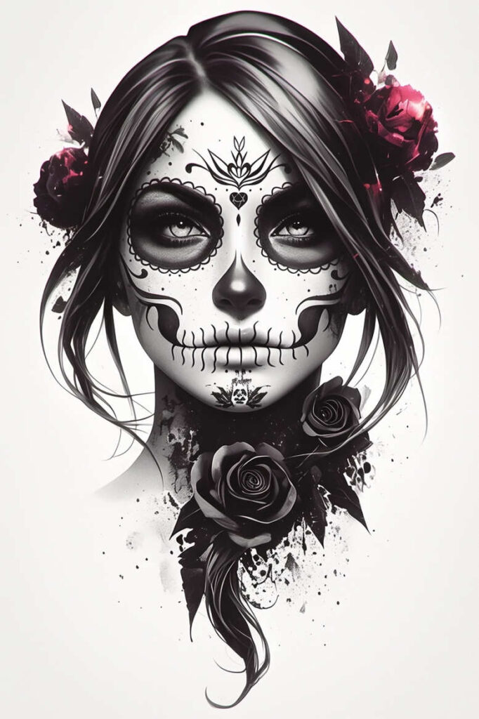 Face, hair, pink roses, and neck ink in black and grey; sugar skull makeup concept; project idea, suitable for cover-up.