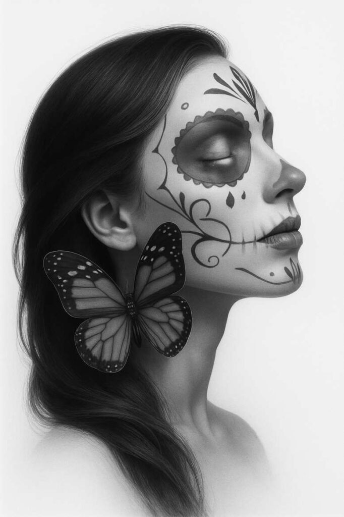 Profile of a woman's face in black and grey sugar skull makeup with floral linework and a butterfly near the ear; tattoo project idea; not a cover-up.