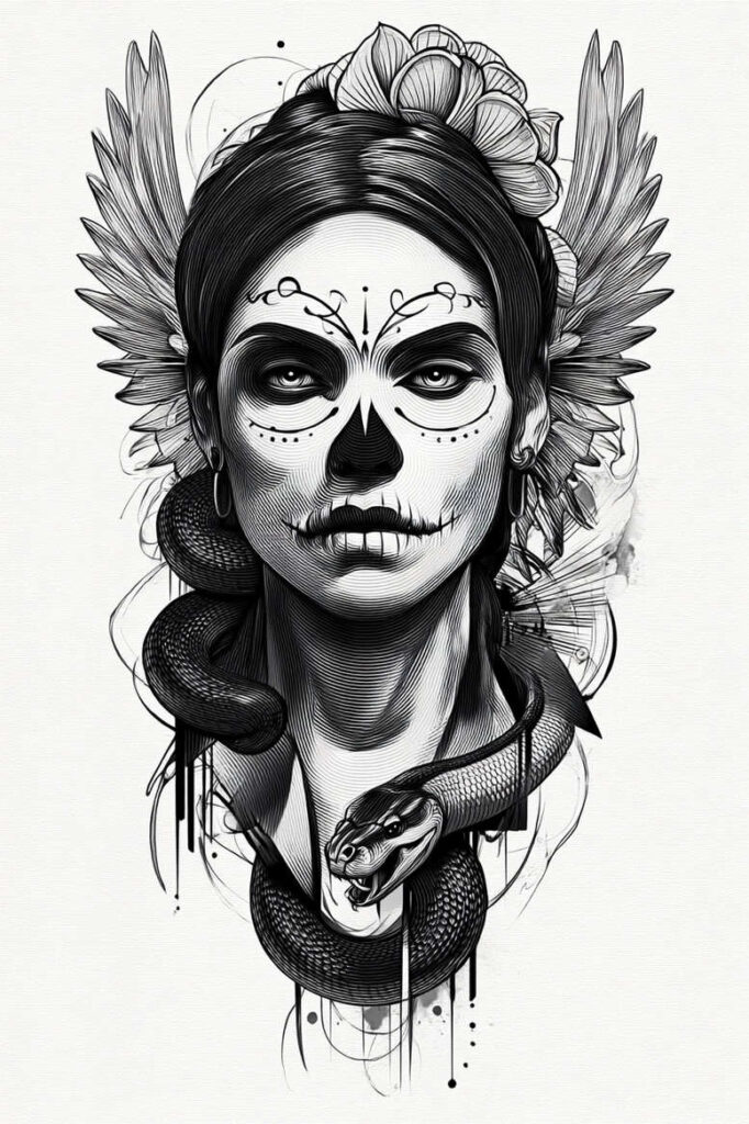 Face of a woman with sugar skull makeup, snake around the neck, feathered headdress, and flower accents; black and grey tattoo project idea; not specifically for cover-up.