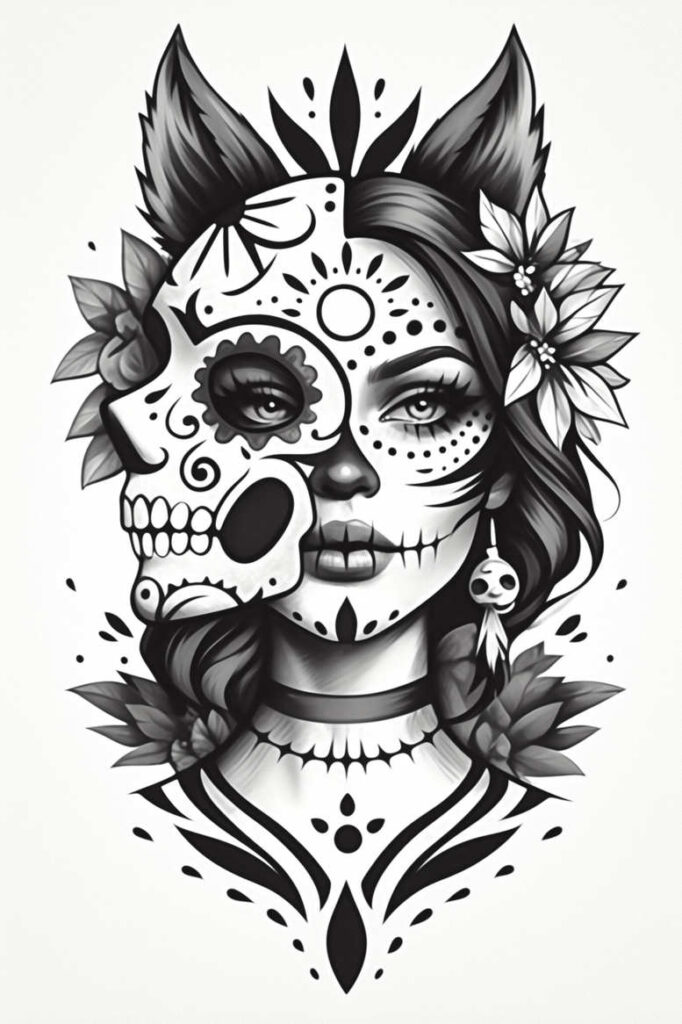 Face and skull duo in black and grey, with a flower, leaves, and an earring; project idea; cover-up suitable.