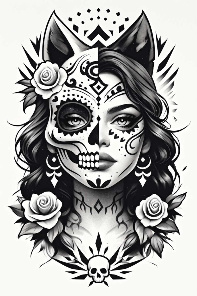 Face with half sugar-skull pattern in black and grey; rose accents in hair; neck detail; tattoo project idea; cover-up ready.