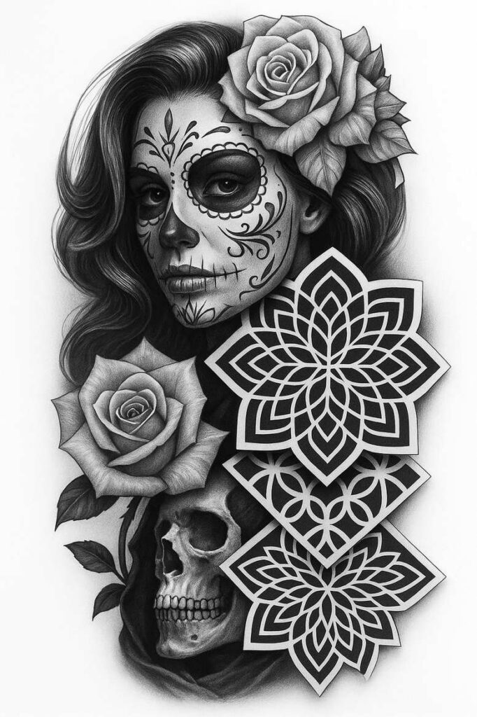 Black and grey tattoo project showing face with sugar-skull makeup, roses, skull motif, flowing hair; cover-up suitable.