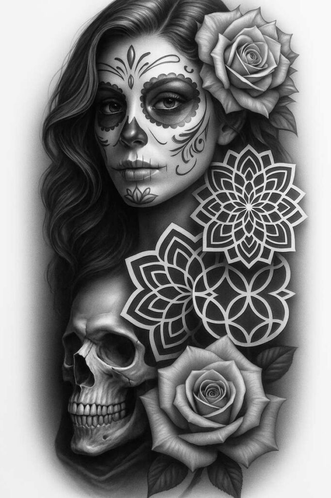 Black and grey tattoo project showing face with sugar skull makeup, skull at base, roses, and mandala pattern; cover-up-ready.