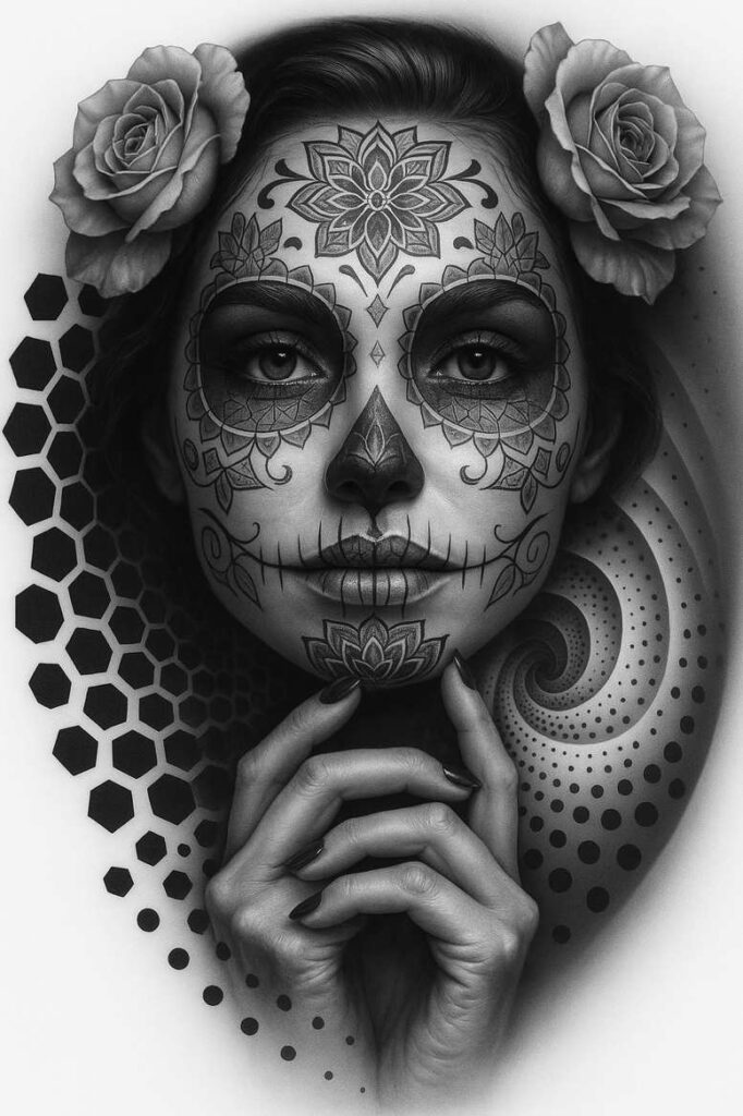 Black and grey sugar skull face tattoo project with roses at the temples, mandala pattern on the forehead, lace-like cheek detailing, and lip-stitch lines; cover-up ready.