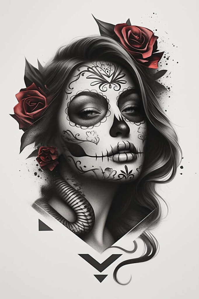 Portrait of a woman with black and grey sugar skull makeup, red roses in her hair, and a snake around her neck; tattoo design idea, pattern, not a cover-up.