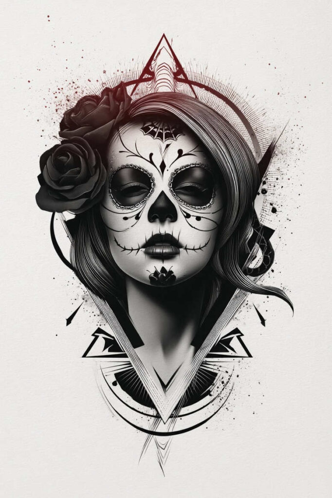 AI-generated tattoo project: black and grey sugar skull portrait on a woman's face with a rose in the hair, geometric triangles and ink splatters; cover-up suitable.