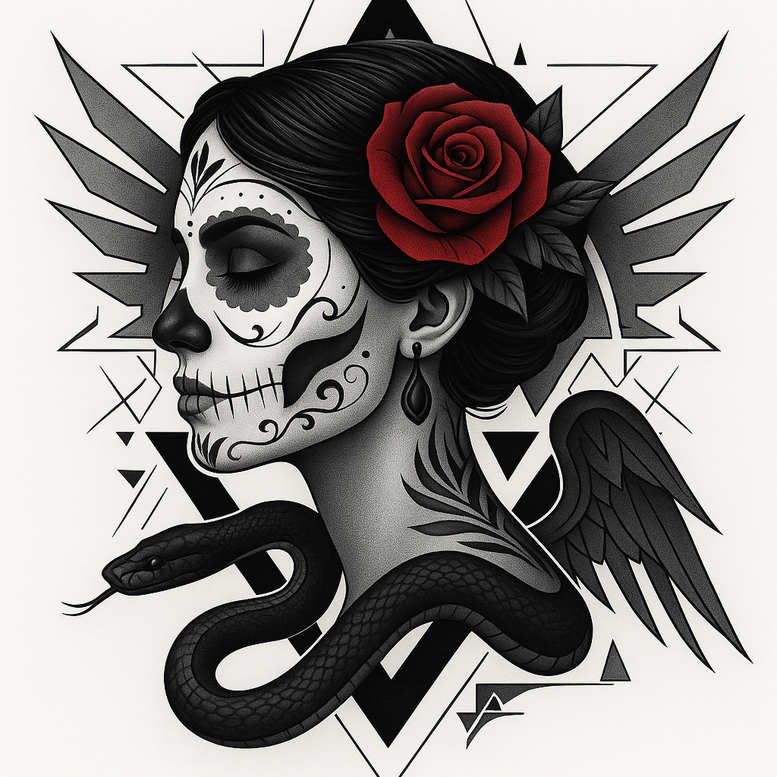 Portrait of grayscale sugar skull face with a red rose in hair, black snake around the neck, and wings in the background; black and grey tattoo project, cover-up suitable.