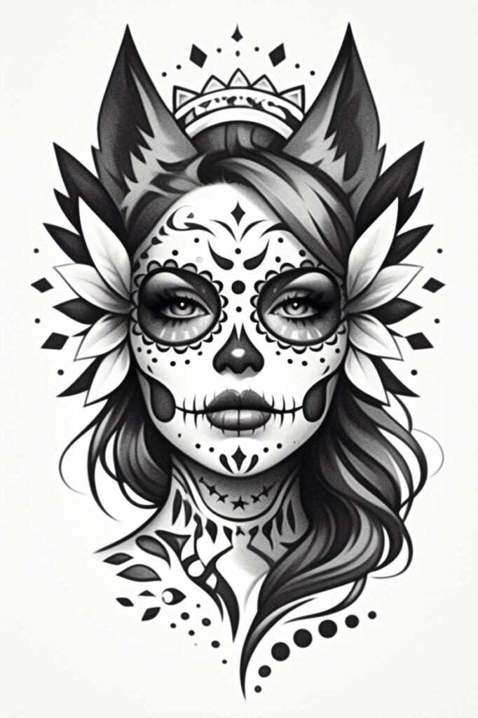 Woman head in black and grey with sugar skull face paint, crown and flower accents; hair, neck tattoos visible; tattoo design idea; not ideal for cover-up.