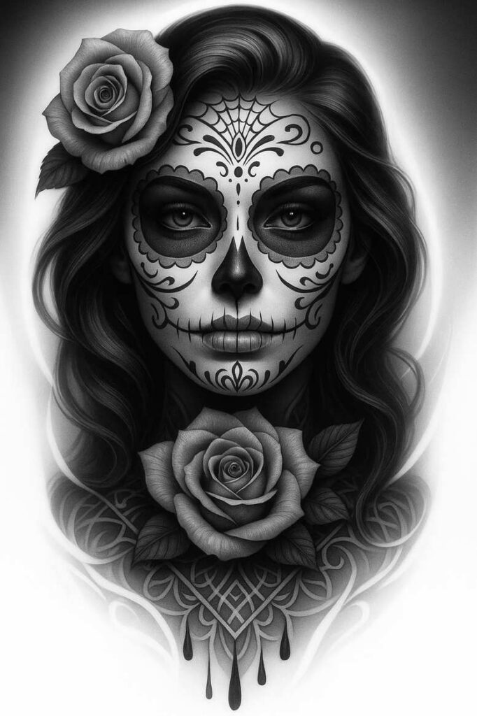Face and neck portrait in black and grey sugar skull makeup with a rose on the temple and a rose on the chest; AI-generated tattoo project concept, suitable for a cover-up; pattern.