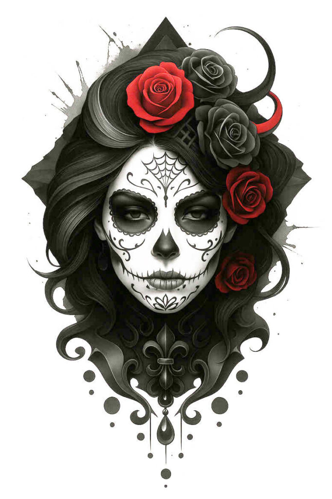 Portrait of a sugar skull face in black and grey with flowing hair and red roses; AI-generated tattoo project; not ideal for cover-up.