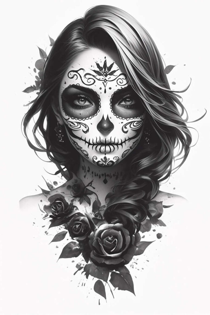 Face, roses, hair, neck — black and grey; AI-generated tattoo project; cover-up friendly.