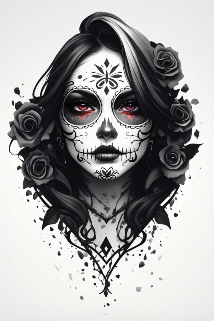 Face of a woman with sugar skull makeup in black and grey, framed by hair and roses; red eyes; tattoo project; cover-up-ready.