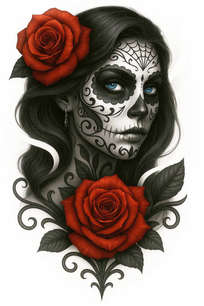 Face with black and grey sugar skull makeup and blue eyes, red roses in hair and near neck, leaves and earring; tattoo project idea; cover-up suitable.